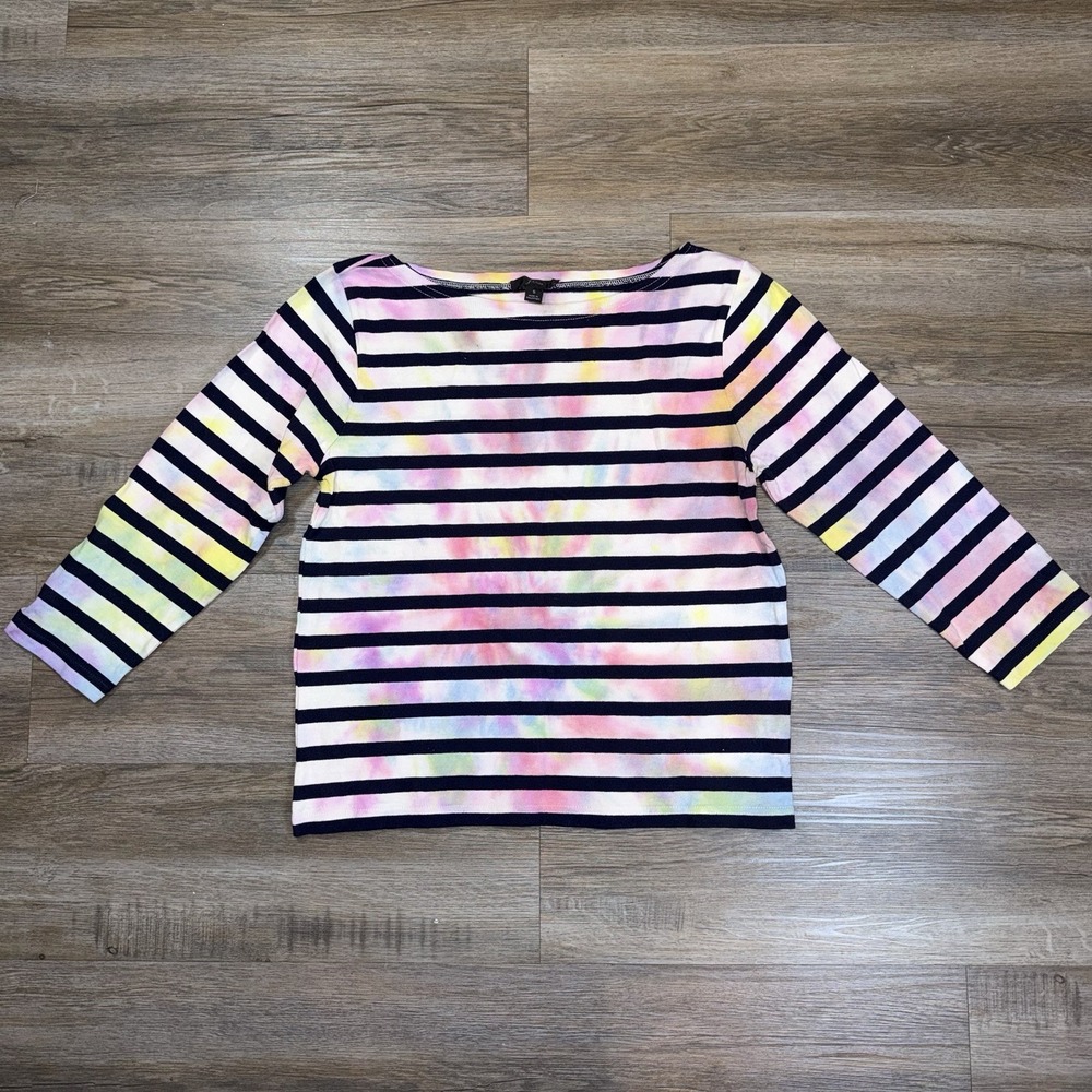 J. Crew 3/4 Sleeve Boatneck Top Womens Small Classic Horizontal Stripes Tie-Dye